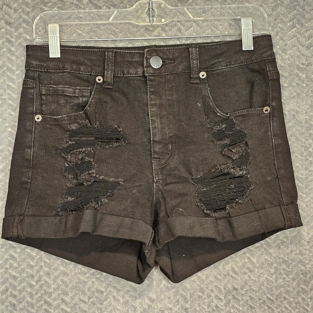 Aeropostale Womens High Rise Midi Distressed Black Denim Shorts Size 10 1296